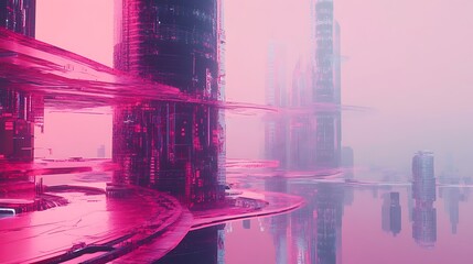 Vibrant Pink Futuristic Cityscape: Striking Digital Painting in a Dreamlike Style. AI Generated