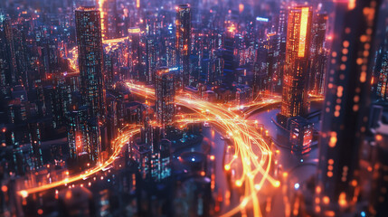 Naklejka premium Smart digital Innovation city with connection network reciprocity over the cityscape. of future smart wireless city and social media networking systems that connects business people with in city