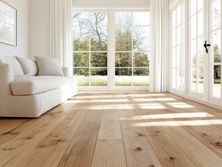 Fototapeta premium A minimalist living room with a white sofa, large windows, and wooden flooring. Sunlight fills the room, creating a serene and airy atmosphere.