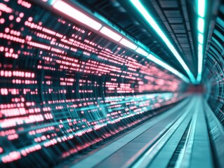 A dynamic abstract illustration showing data streams flowing through a digital network tunnel, highlighting the concept of connectivity and technology.