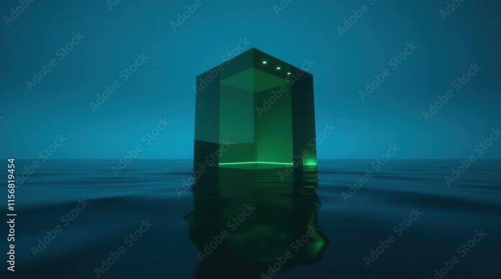 Poster a glowing green cube floats serenely in calm water, surrounded by a deep blue atmosphere, creating a