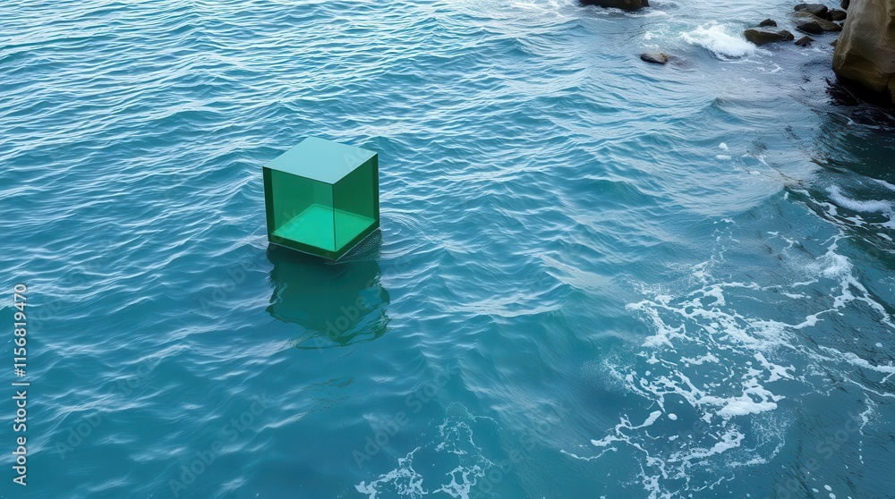 Poster a green cube floats on calm blue water, surrounded by rocks, creating an intriguing visual contrast 