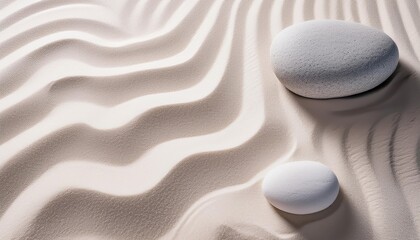 Serene patterns in white sand create a calming atmosphere, enhanced by two meticulously placed stones