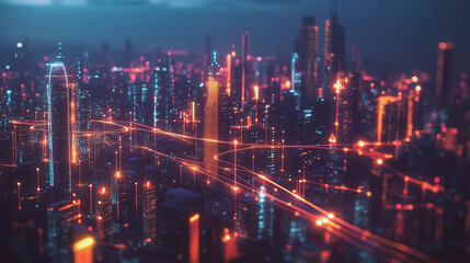 Fototapeta premium Smart digital Innovation city with connection network reciprocity over the cityscape. of future smart wireless city and social media networking systems that connects business people with in city