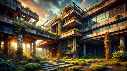 Obraz premium Abandoned Futuristic Building, 3D Architectural Ruin, Urban Exploration Photography