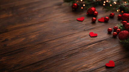 Valentine theme, Festive red hearts and ornaments on wooden table create warm atmosphere