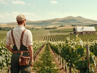 A farmer stands in a vast green vineyard under a clear sky, ready for harvesting. Rolling hills and a farmhouse are visible in the background.