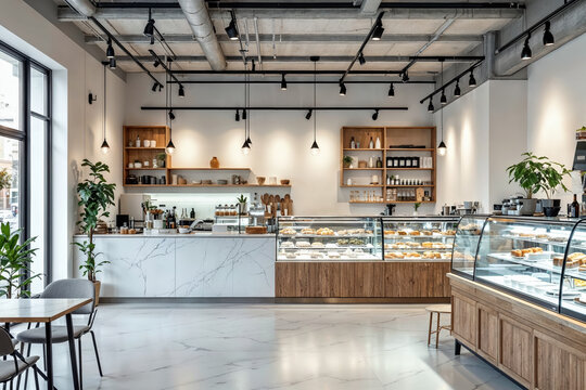 Modern Bakery and Coffee Shop Interior with Elegant Display Counters and Industrial Decor