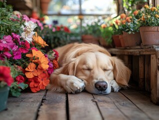 Fototapeta na wymiar Golden Retriever Relaxing Among Vibrant Flowers