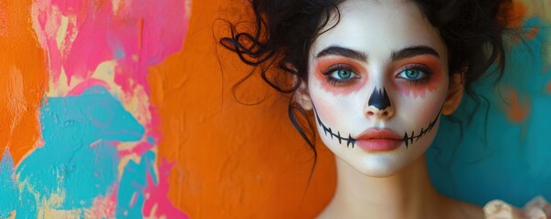 Woman With Painted Face Against Colorful Background
