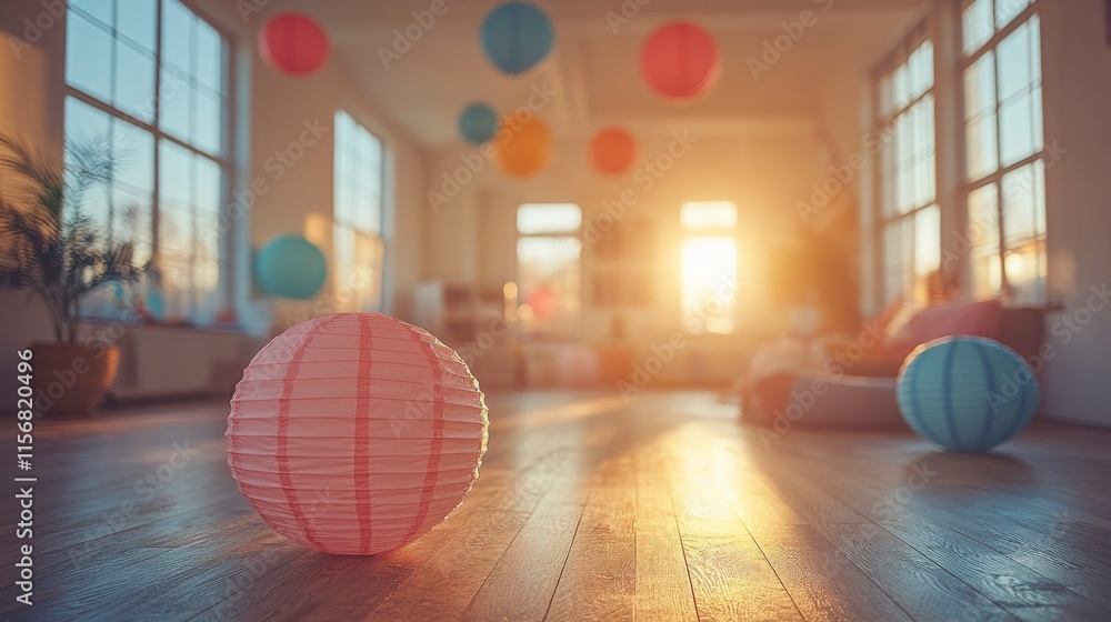 Poster warm and inviting indoor space with colorful paper lanterns and a soft glow of sunset light casting 