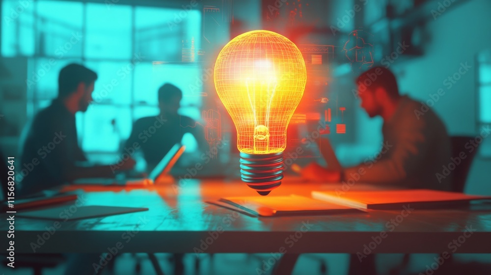 Aufkleber A glowing light bulb hovers above a table, illuminating a workspace where two people collaborate on laptops in a modern office setting.