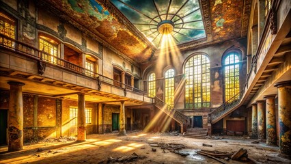 Fototapeta premium Abandoned Urban Building Interior, Decaying Art Deco Details, Sepia Tone, Industrial Photography