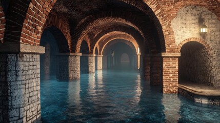 Mystical Submerged Brick Vaults: Atmospheric 3D Render in Dark, Realistic Style. AI Generated