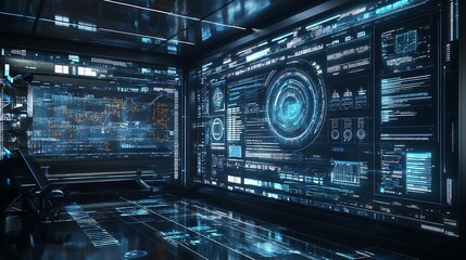 Fototapeta premium Futuristic Control Room: Stunning 3D Render of a Digitally Enhanced Interface. AI Generated
