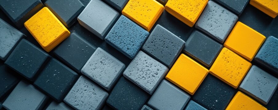 Yellow and gray erasers scattered on background