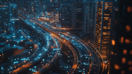 Fototapeta premium Smart digital Innovation city with connection network reciprocity over the cityscape. of future smart wireless city and social media networking systems that connects business people with in city