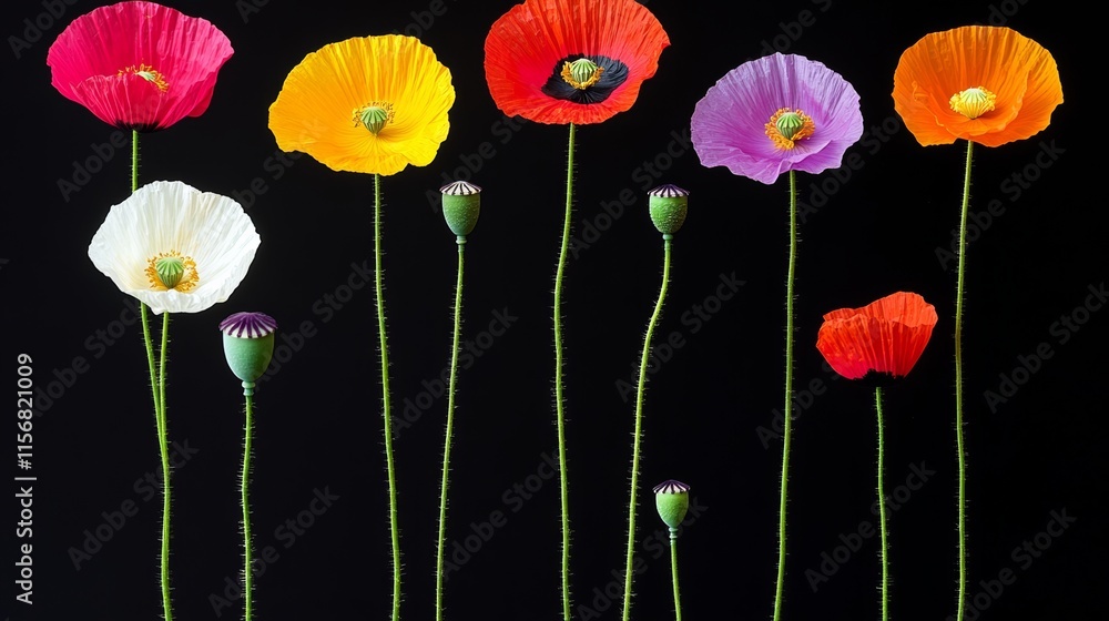 Poster Row of colorful paper flowers are arranged in a black background. The flowers are of different colors and sizes, creating a vibrant and lively atmosphere