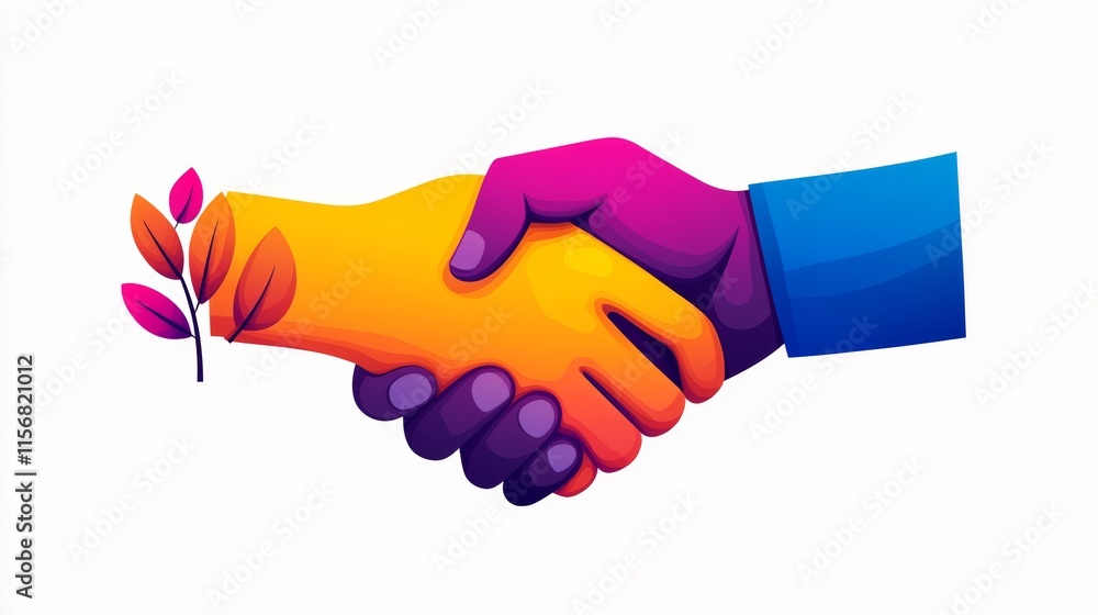 Poster hand is shaking another hand with a leaf in between. concept of unity and cooperation
