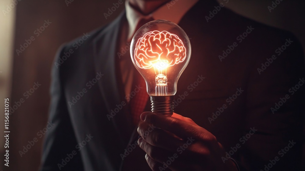 Poster a businessman holds a light bulb shaped like a brain, symbolizing innovative ideas and intelligence 