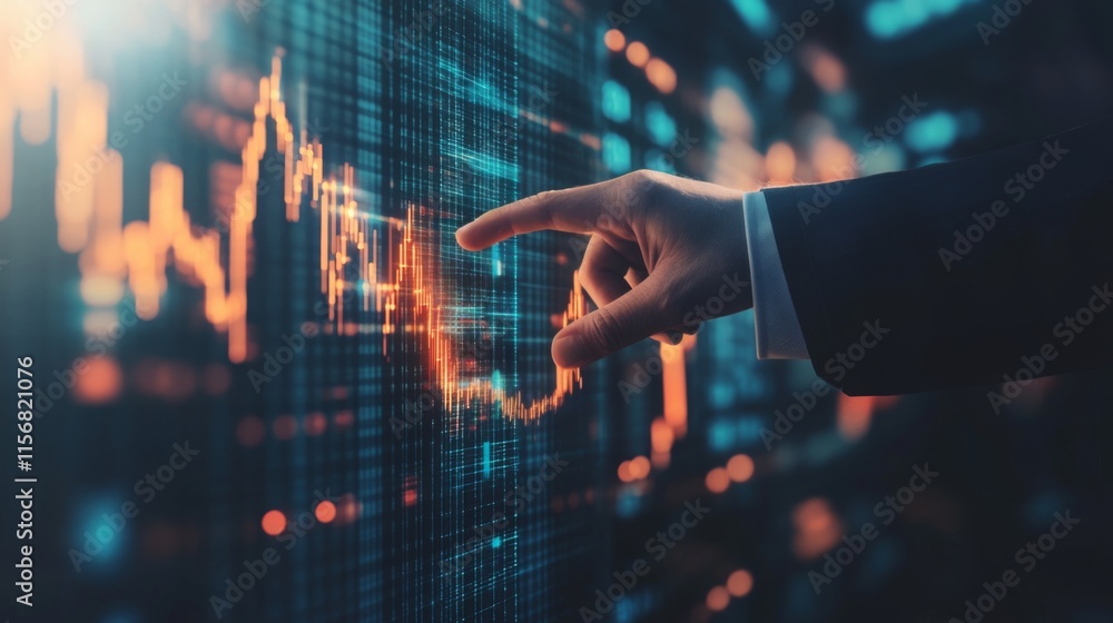 Fototapete A hand points at a digital financial graph displaying upward and downward trends, symbolizing data analysis and market movement.