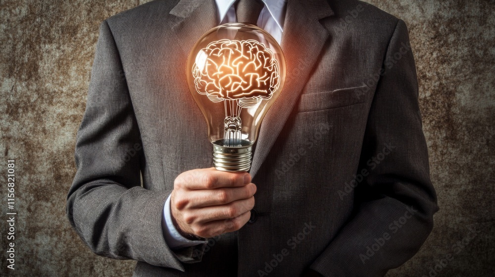 Aufkleber a man in a suit holds a glowing lightbulb with a brain design, symbolizing innovative ideas and crea