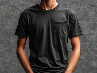 A plain black t-shirt mockup design showcasing the front view, featuring a simple pocket against a subtle textured background.