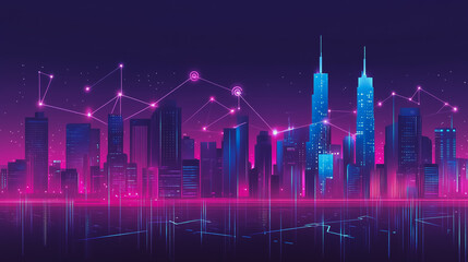 Smart digital Innovation city with connection network reciprocity over the cityscape. of future smart wireless city and social media networking systems that connects business people with in city
