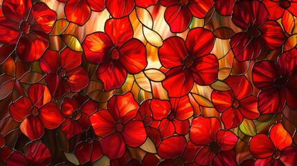 Stained glass window with red and yellow flowers. Abstract background.
