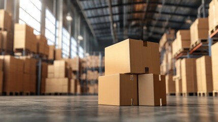 A stack of cardboard boxes in a spacious warehouse, showcasing organized storage and an industrial environment.