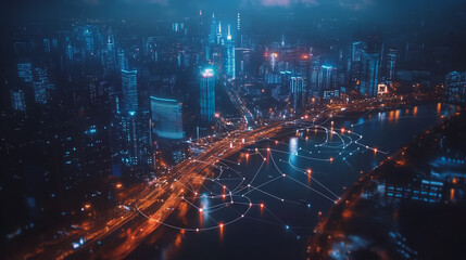 Fototapeta premium Smart digital Innovation city with connection network reciprocity over the cityscape. of future smart wireless city and social media networking systems that connects business people with in city