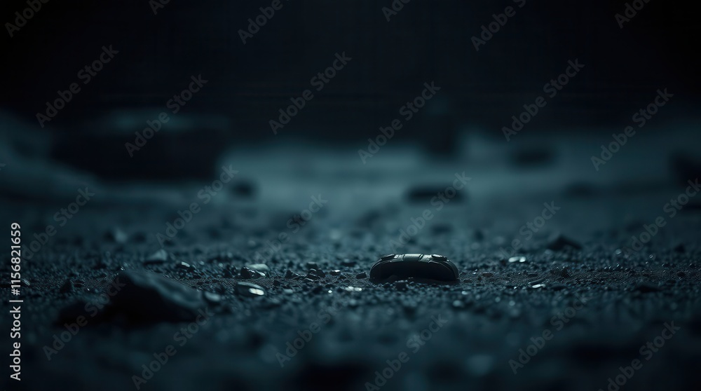Poster a dimly lit scene showcasing a textured ground scattered with rocks, creating a mysterious and atmos