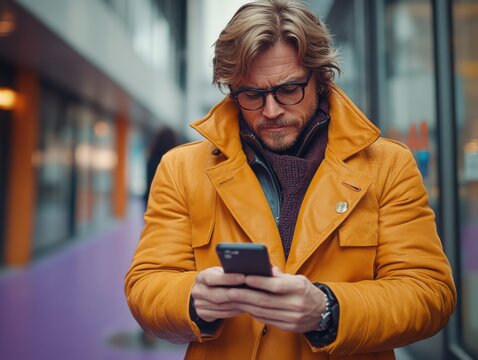 A man wearing an orange coat and glasses uses a smartphone against a modern urban background with shades of purple and gray.