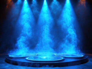 A stage illuminated with vibrant blue lights and swirling smoke, creating a dramatic and mystical atmosphere.