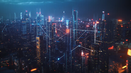 Smart digital Innovation city with connection network reciprocity over the cityscape. of future smart wireless city and social media networking systems that connects business people with in city