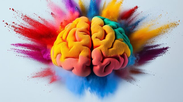 Colorful brain with a lot of powder on it. The brain is in the middle of a colorful explosion