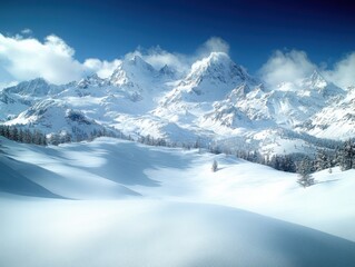 Fototapeta premium A breathtaking snow-covered landscape with majestic mountains under a clear blue sky, capturing a serene winter scene with cinematic quality.