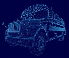 Blue bus with the word school bus on the front. The bus is shown in a stylized way, with a lot of detail and a sense of depth. Concept of excitement and adventure
