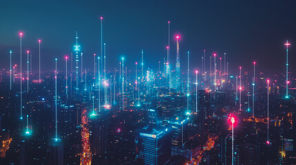 Fototapeta premium Smart digital Innovation city with connection network reciprocity over the cityscape. of future smart wireless city and social media networking systems that connects business people with in city