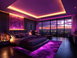 A luxurious penthouse bedroom with dim lighting and a panoramic city view at night, featuring purple and pink accents and modern furnishings.