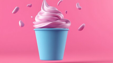 Blue cup with pink frosting and sprinkles on top. The cup is filled with ice cream and the sprinkles are falling out of it
