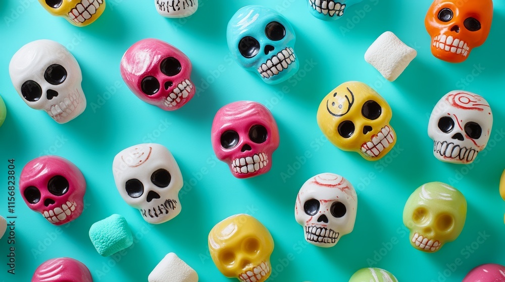 Poster row of colorful skulls with a candy in the middle. the skulls are arranged in a pattern and the cand