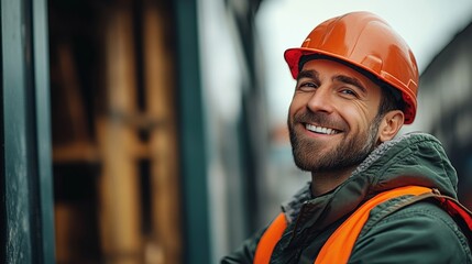 Man wearing an orange safety helmet and a green jacket is smiling. He is posing for a picture