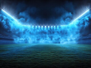 A cinematic view of a stadium with bright lights and a misty atmosphere, creating a dramatic and vibrant scene.