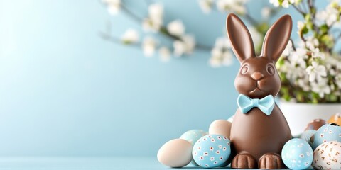 In this delightful Easter scene, there is a charming chocolate bunny wearing a lovely blue bowtie, joyfully surrounded by an array of colorful Easter eggs set against a soft blue background