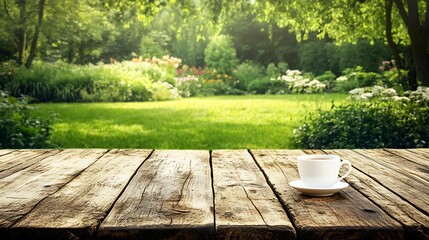 Fototapeta premium Serene Morning Coffee: Photo, Wide Shot of Rustic Table in Lush Garden. AI Generated