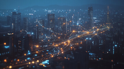 Fototapeta premium Smart digital Innovation city with connection network reciprocity over the cityscape. of future smart wireless city and social media networking systems that connects business people with in city