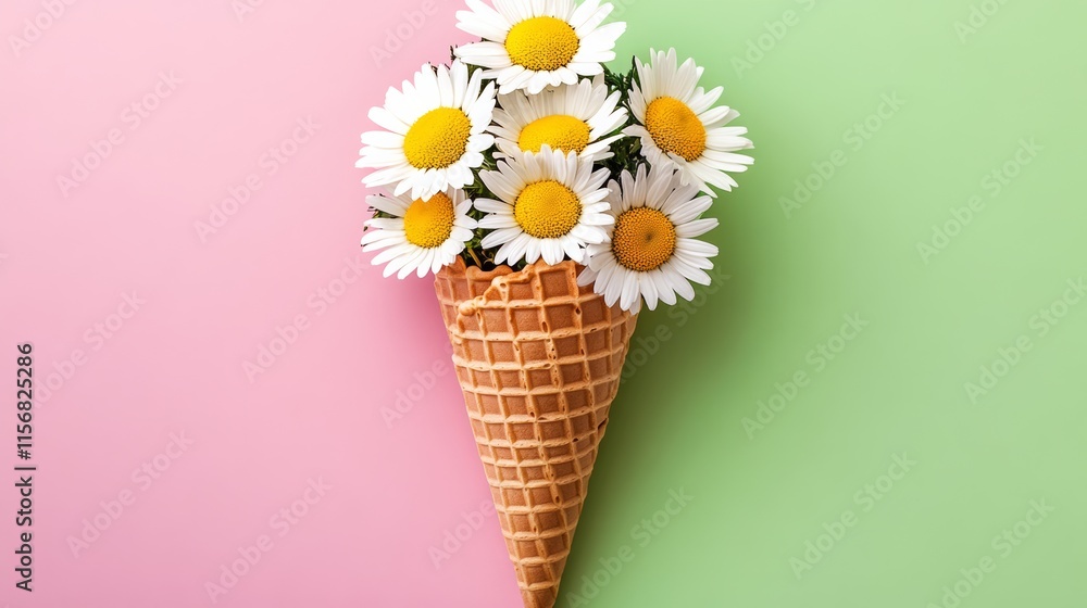 Aufkleber cone shaped ice cream container with a bunch of white daisies in it. the container is on a pink and 