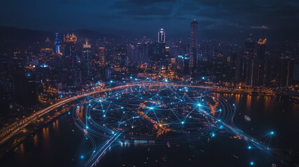 Obraz premium Smart digital Innovation city with connection network reciprocity over the cityscape. of future smart wireless city and social media networking systems that connects business people with in city