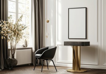 vertical blank frame leaning against the window in an elegant dining room, with modern furniture and decor